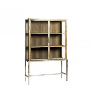 Gray wood and metal display cabinet